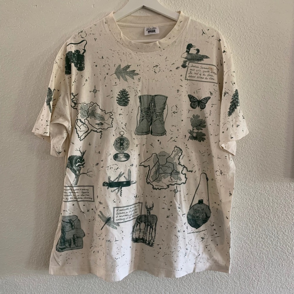 Vintage 1994 Relevant Products Nature All Over Print T-Shirt XL Camping Cream